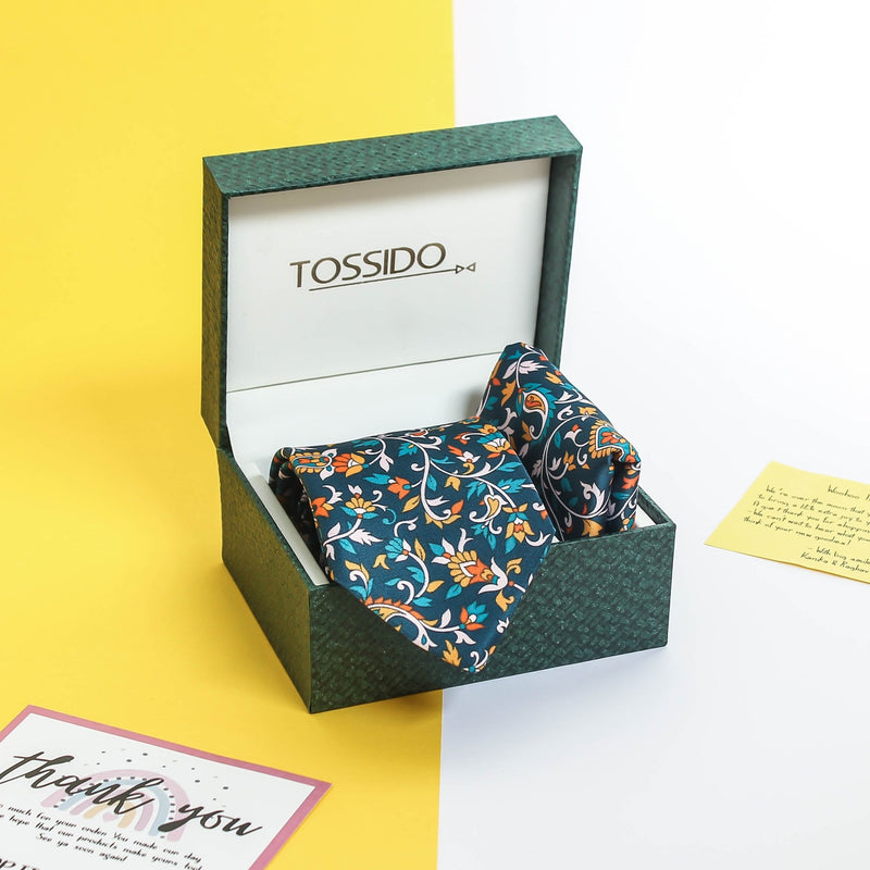 Teal Floral Printed Necktie & Pocket Square Giftset - TOSSIDO