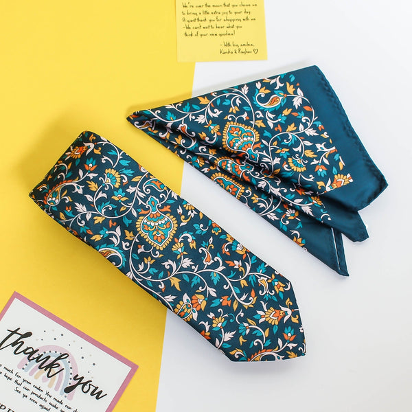 Teal Floral Printed Necktie & Pocket Square Giftset - TOSSIDO