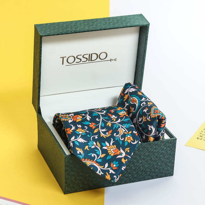 Teal Floral Printed Necktie & Pocket Square Giftset - TOSSIDO