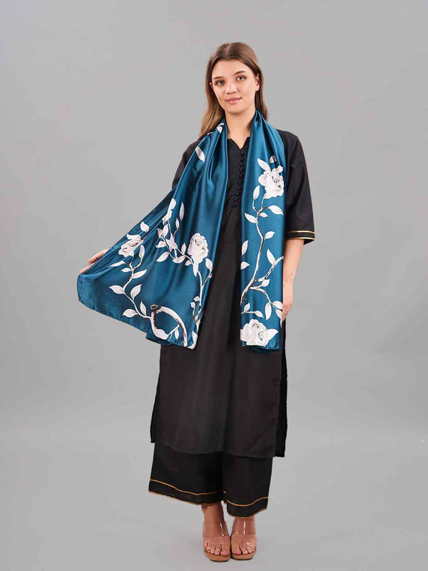 Teal Floral Printed Stole - TOSSIDO