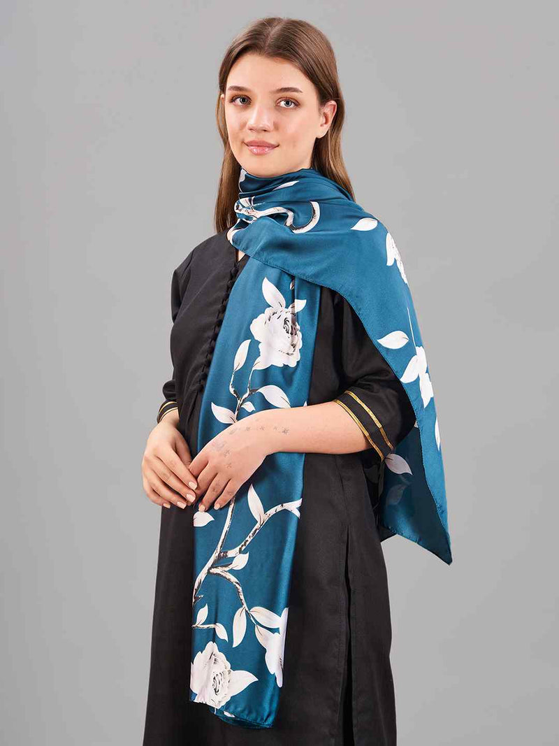 Teal Floral Printed Stole - TOSSIDO