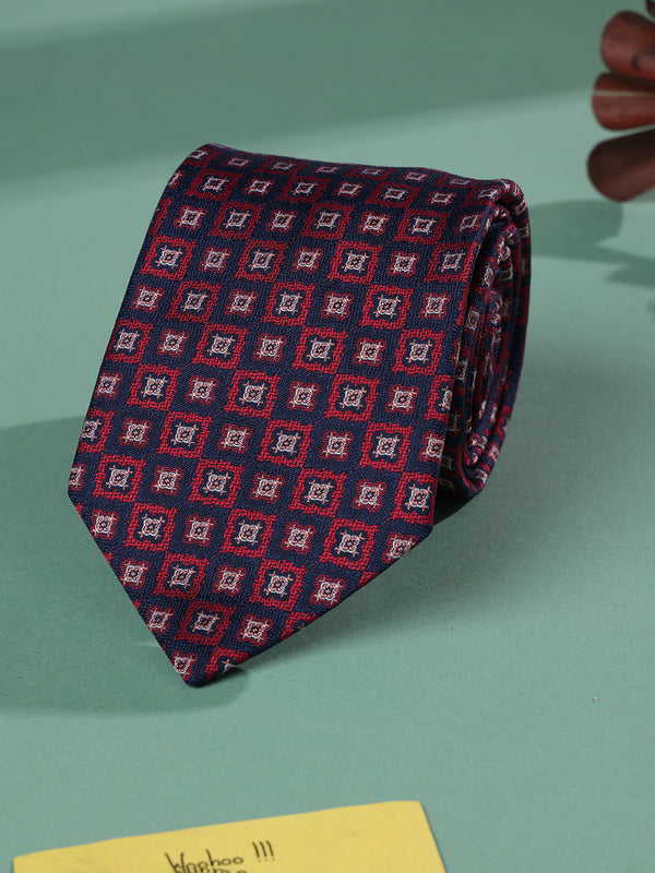 Blue & Maroon Geometric Woven Necktie