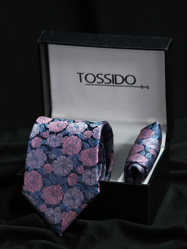 Pink & Blue Floral Necktie & Pocket Square Giftset