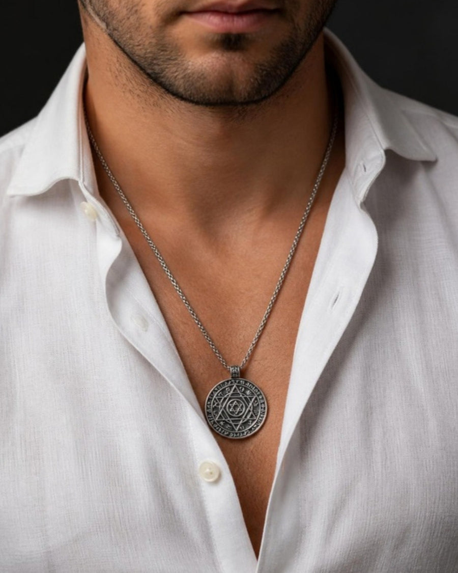 Silver medallion men's chain worn on model - Tossido jewellery