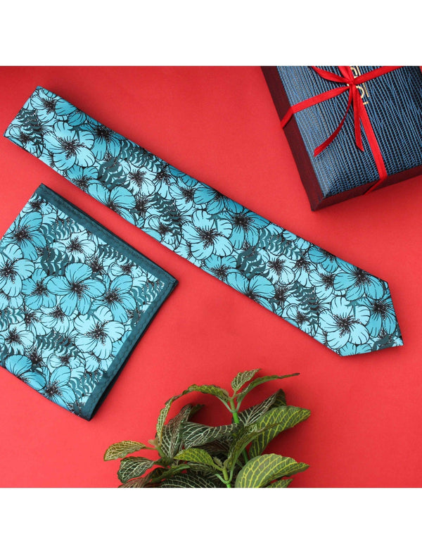 Turquoise Blue Floral Printed Necktie & Pocket Square Giftset - TOSSIDO
