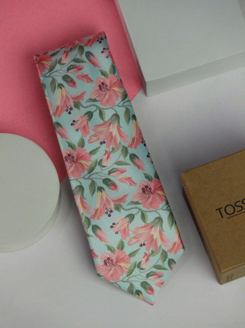 Turquoise Floral Printed Necktie - TOSSIDO