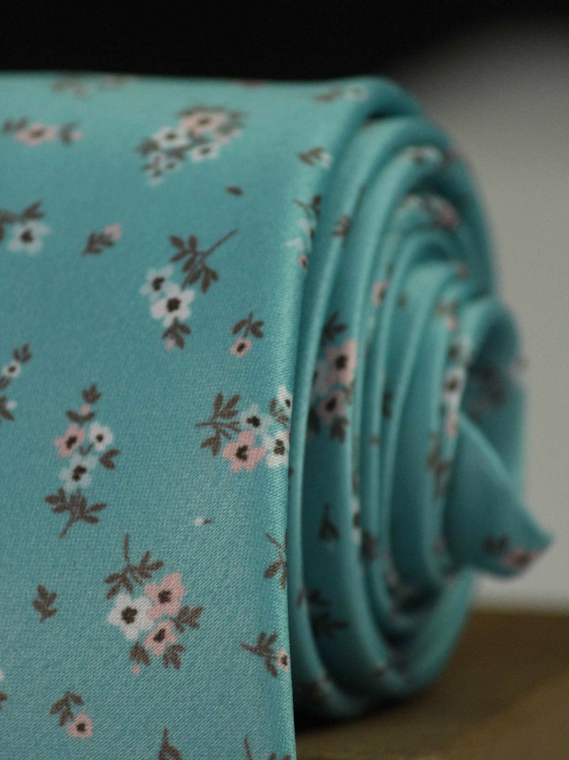 Turquoise Floral Printed Necktie - TOSSIDO