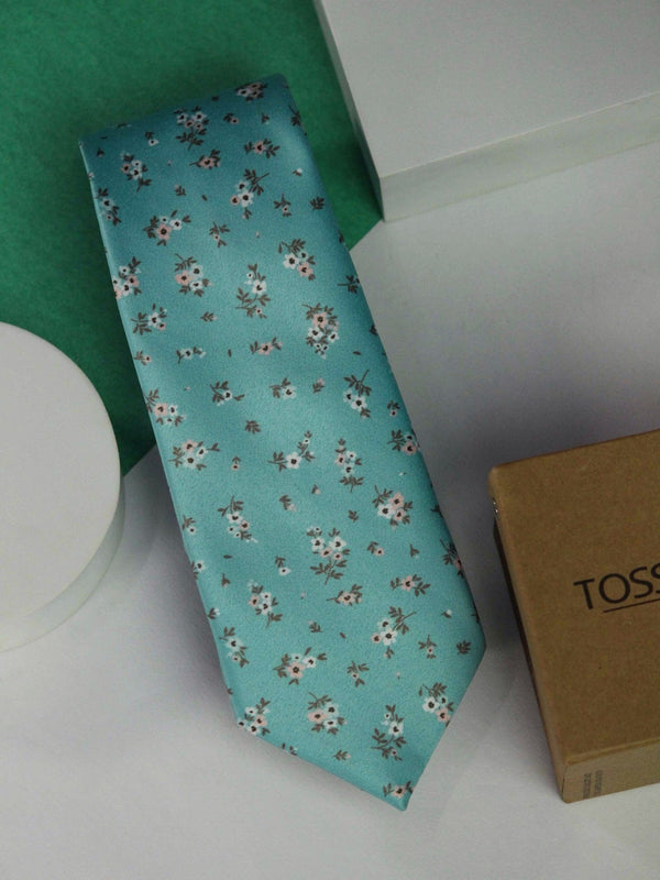 Turquoise Floral Printed Necktie - TOSSIDO