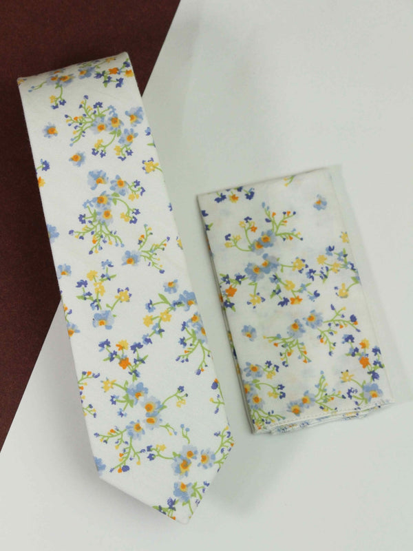 White Floral Necktie & Pocket Square Giftset - TOSSIDO