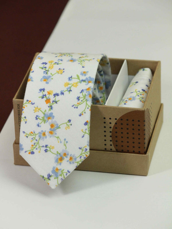 White Floral Necktie & Pocket Square Giftset - TOSSIDO