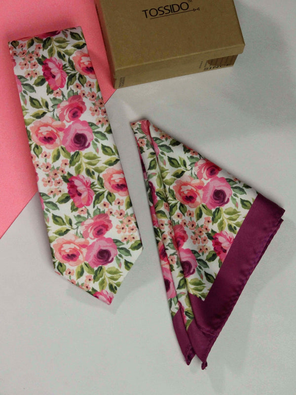 White Floral Printed Necktie and Pocket Square Set - TOSSIDO