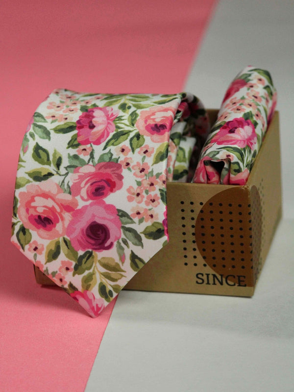 White Floral Printed Necktie and Pocket Square Set - TOSSIDO