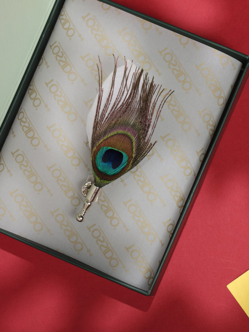 White Peacock Feather Brooch - TOSSIDO