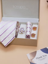White & Pink Striped Necktie Pocket Square Brooch & Cufflinks Giftset - TOSSIDO