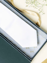 White satin twill necktie in woven microfiber, flat lay