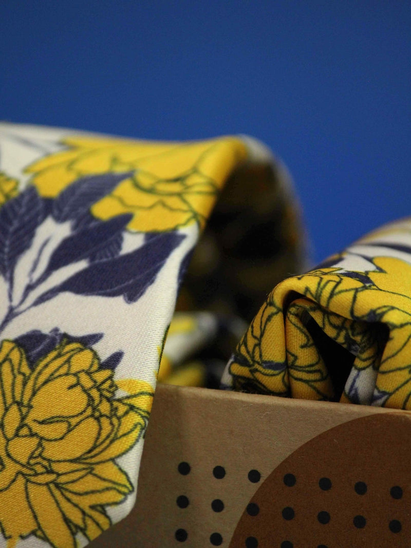 Yellow Floral Printed Necktie and Pocket Square Set - TOSSIDO