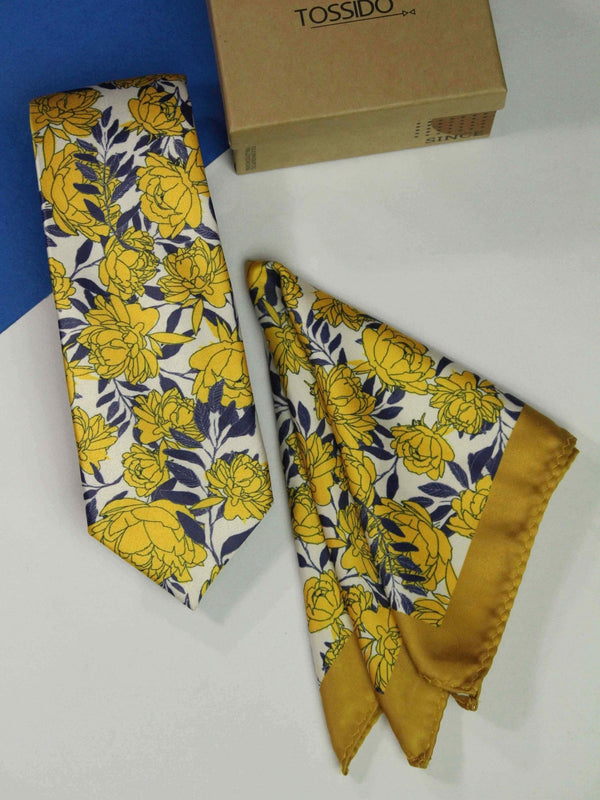 Yellow Floral Printed Necktie and Pocket Square Set - TOSSIDO