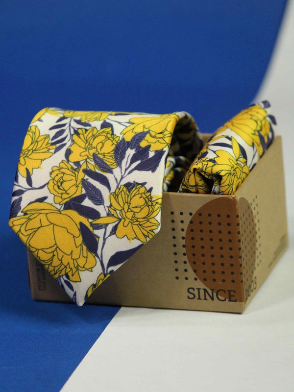 Yellow Floral Printed Necktie and Pocket Square Set - TOSSIDO