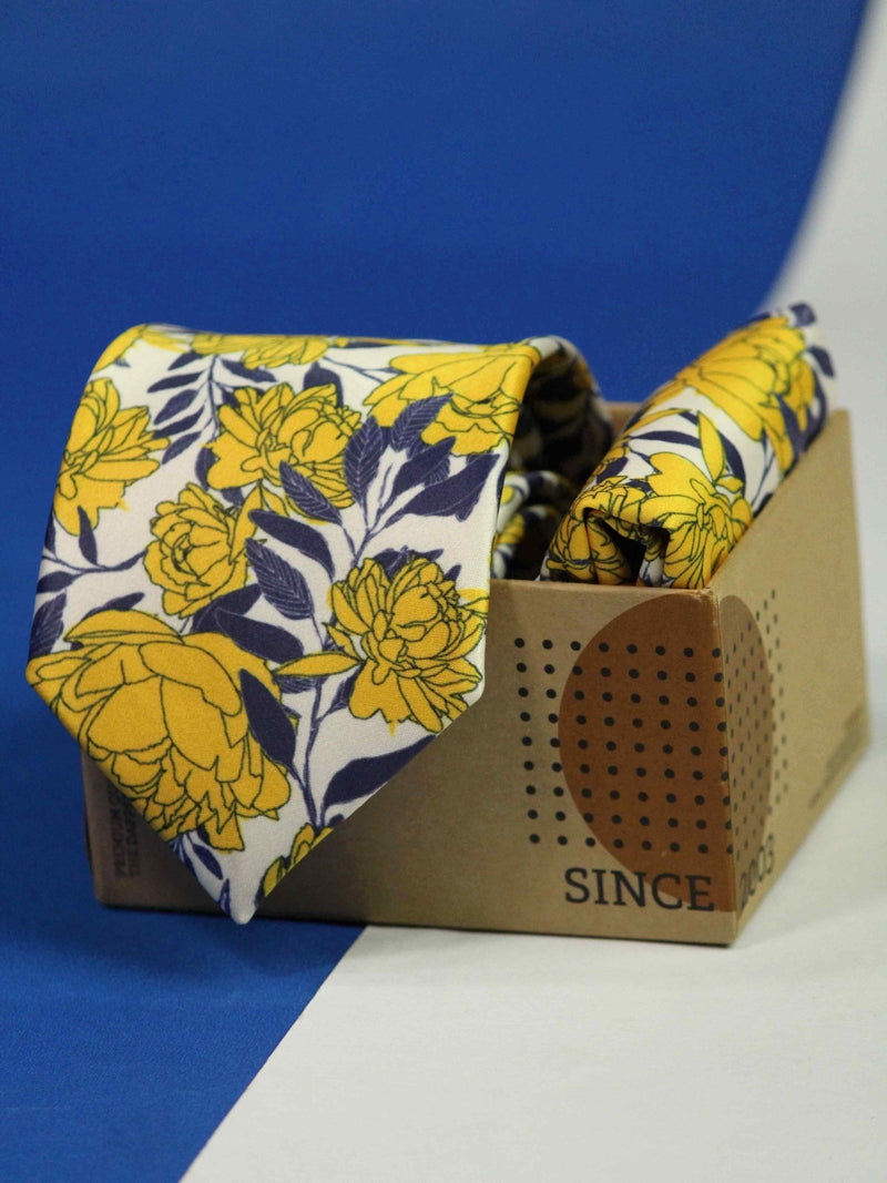 Yellow Floral Printed Necktie and Pocket Square Set - TOSSIDO