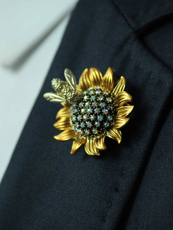Yellow Metal Bee & Sunflower Brooch - TOSSIDO