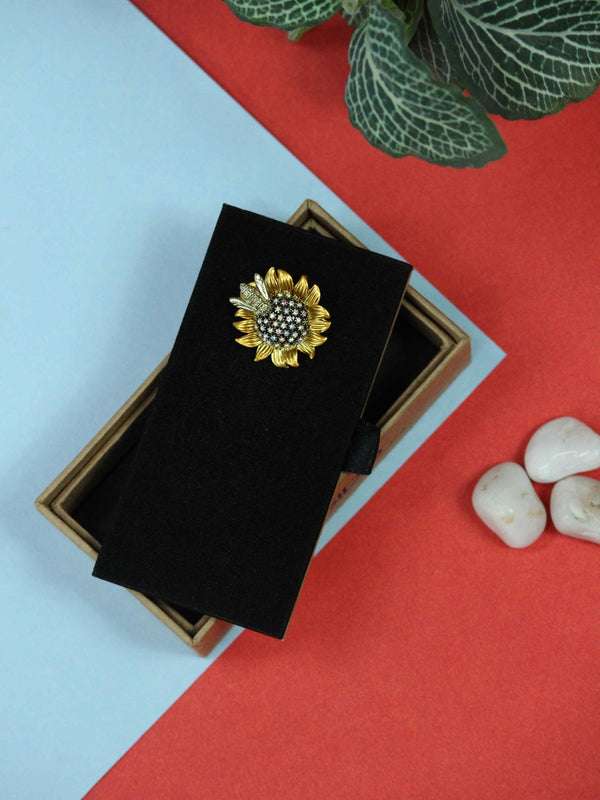 Yellow Metal Bee & Sunflower Brooch - TOSSIDO