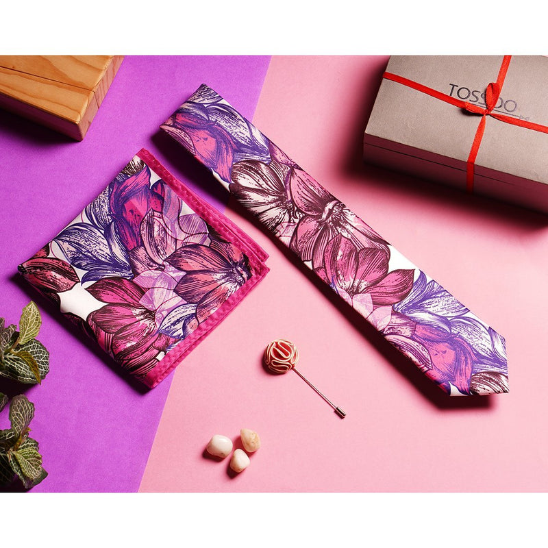 Pink Floral Necktie, Pocket Square & Brooch Giftset