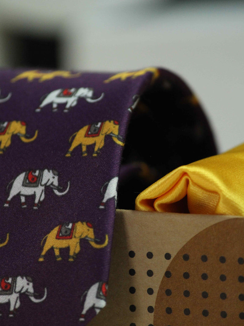 Printed Purple Elephent Tie & Hanky Set