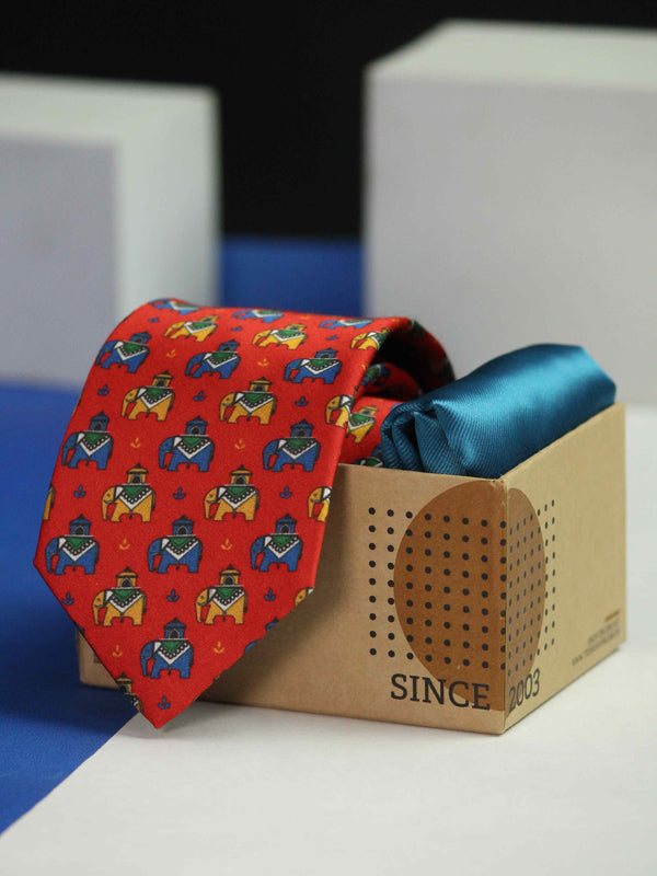 Printed Red Elephent Tie & Hanky Set