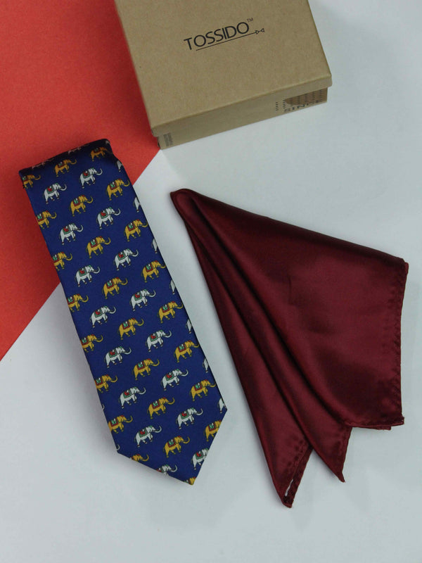 Printed Blue Elephent Tie & Hanky Set