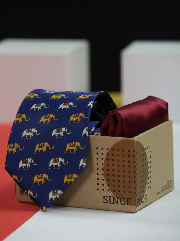 Printed Blue Elephent Tie & Hanky Set