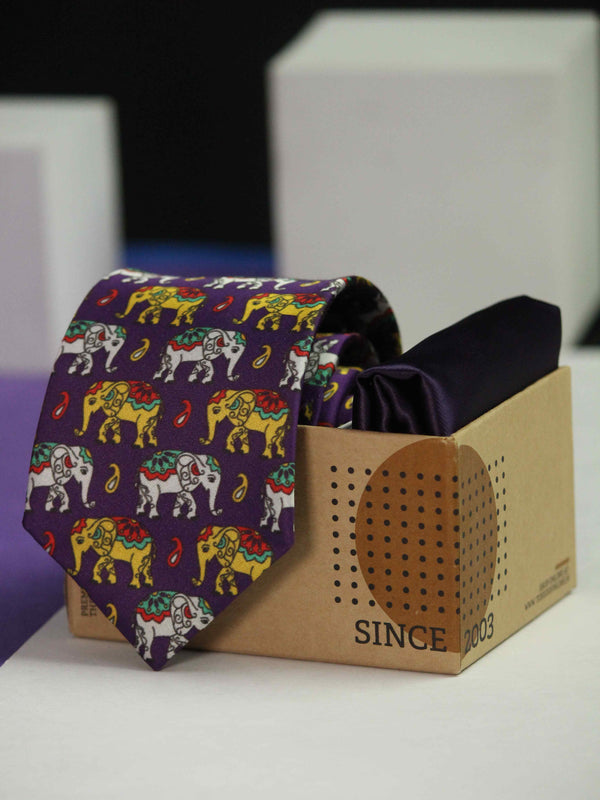 Printed Purple Elephent Tie & Hanky S