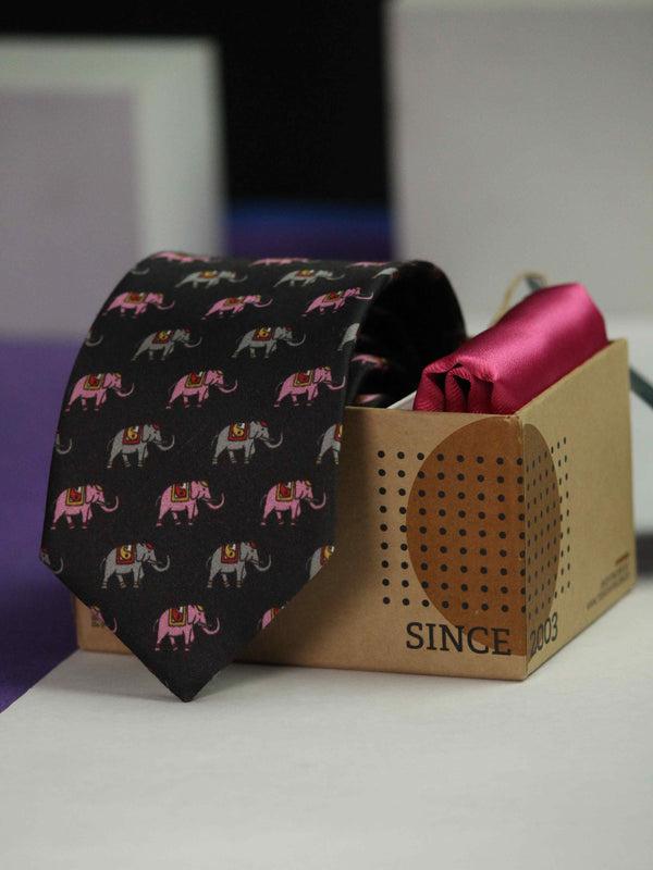 Printed Black Elephent Tie & Hanky Set