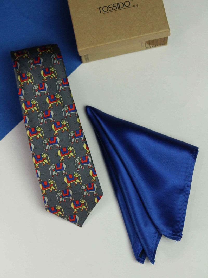 Printed Grey Elephent Tie & Hanky Set