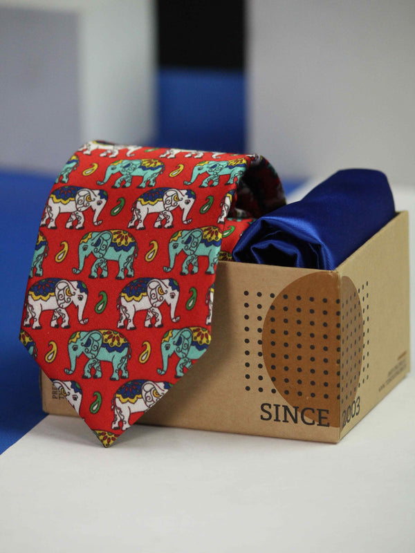 Printed Red Elephent Tie & Hanky Set