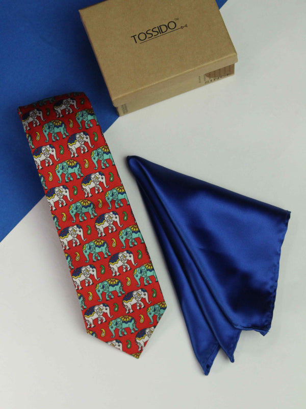 Printed Red Elephent Tie & Hanky Set