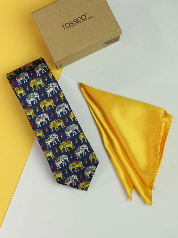 Printed Blue Elephent Tie & Hanky Set