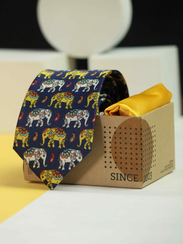 Printed Blue Elephent Tie & Hanky Set