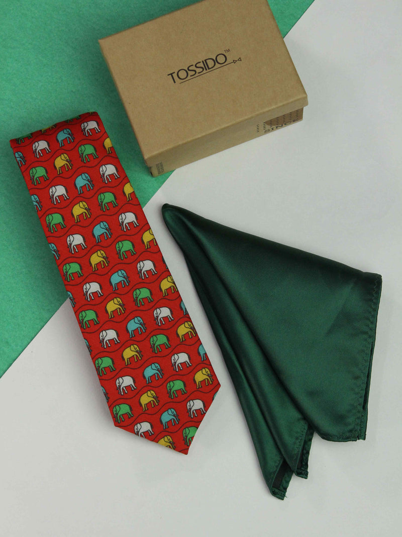 Printed Red Elephent Tie & Hanky Set