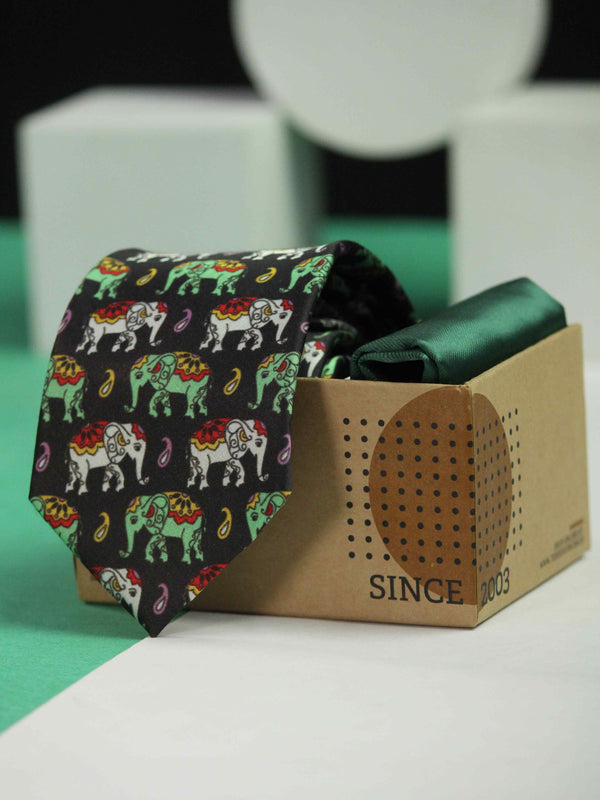 Printed Black Elephent Tie & Hanky Set