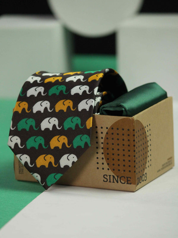 Printed Brown Elephent Tie & Hanky Set