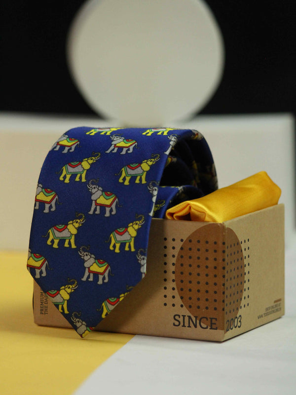 Printed Blue Elephent Tie & Hanky Set