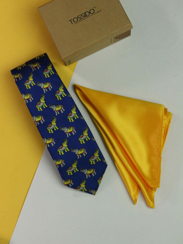 Printed Blue Elephent Tie & Hanky Set