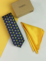 Printed Navy Blue Elephent Tie & Hanky Set