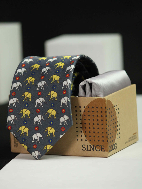 Printed Grey Elephent Tie & Hanky Set