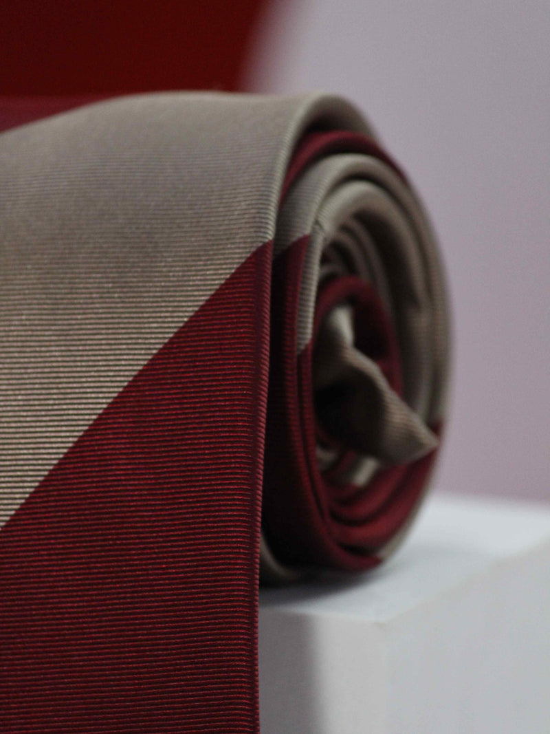 Beige And Maroon Stripe Handmade Silk Necktie