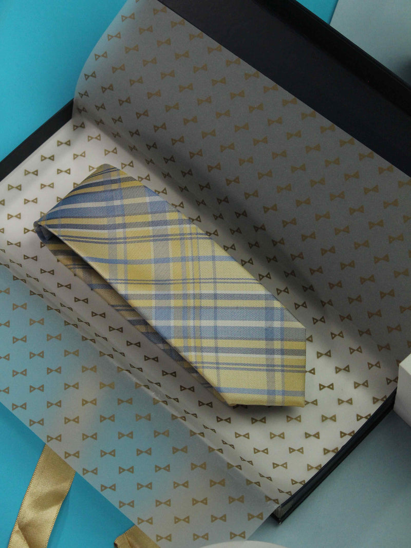 Yellow & Blue Check Handmade Silk Necktie