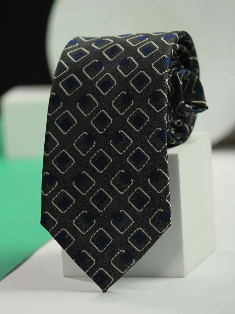 Grey & Blue Geometric Handmade Silk Necktie