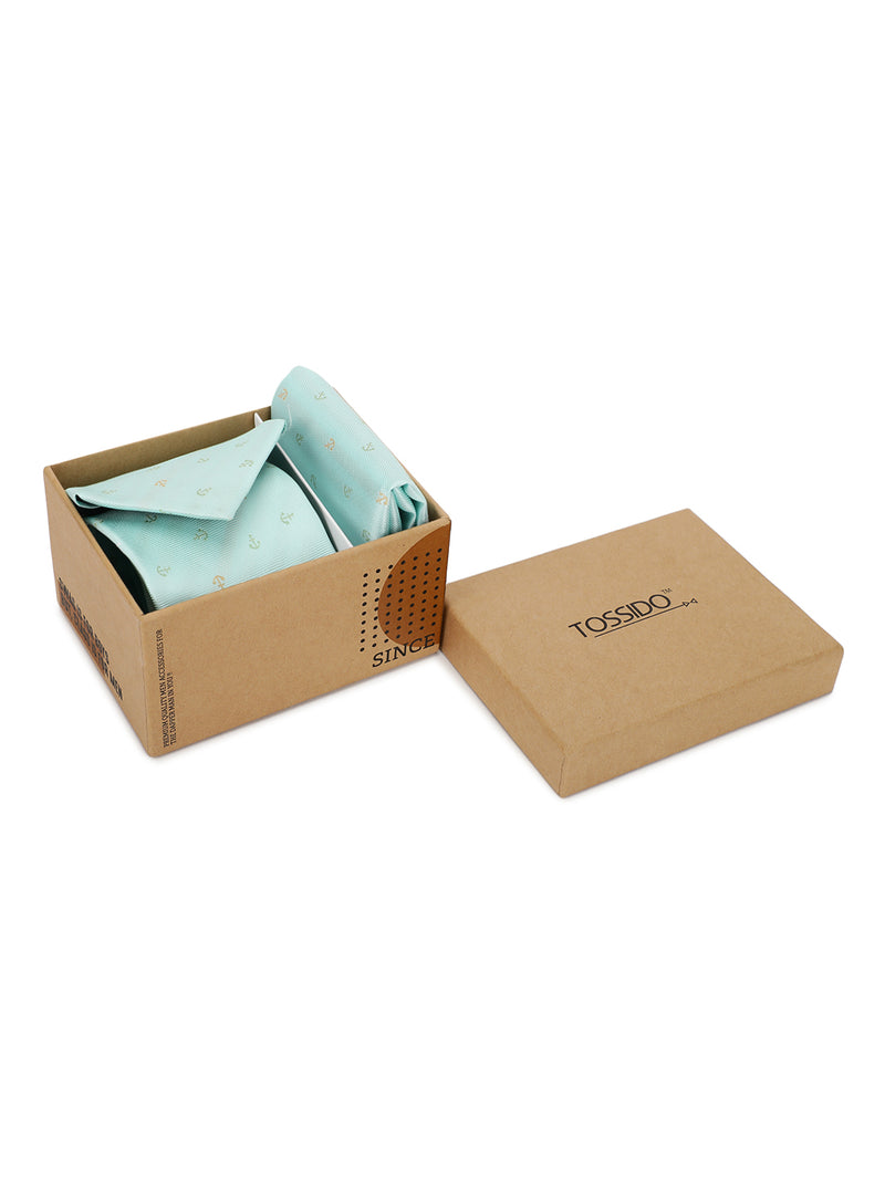 Turquoise Anchor Necktie & Pocket Square Giftset