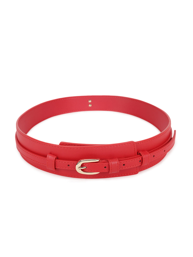 Red Women's Vegan Leather Belt and Gold Buckle