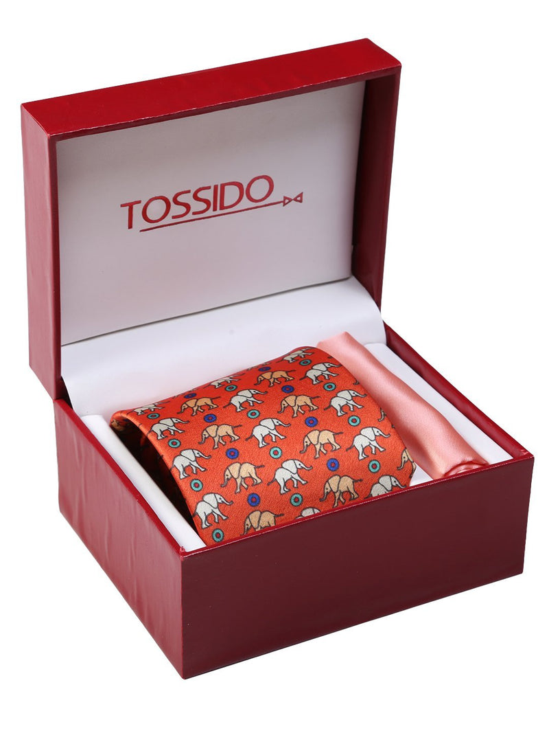 Orange Printed Necktie & Pocket Square Giftset